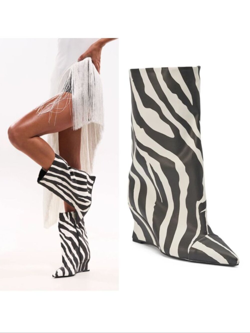 AZALEA WANG Vinci Zebra PU Print Wedge Bootie Size 6.5 Black White NEW